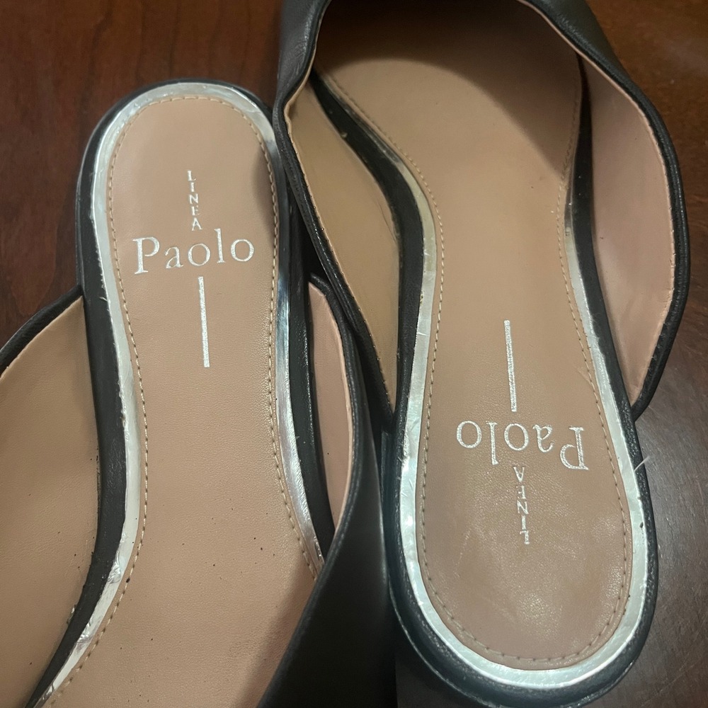 Linea Paolo Black Leather Pointed Toe Mules V Cut Slip On Flats Womens 6.5 M